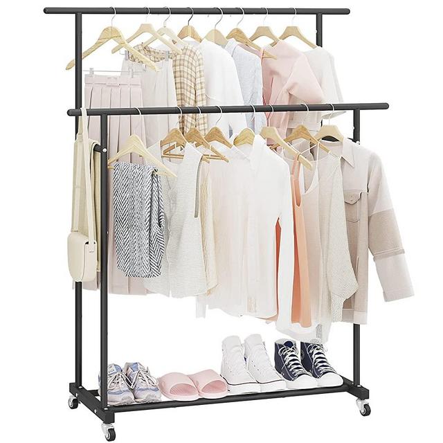 Calmootey Double Rod Clothing Garment Rack,Rolling Hanging Clothes Rack,Portable Clothes Organizer for Bedroom,Living Room,Clothing Store,Black