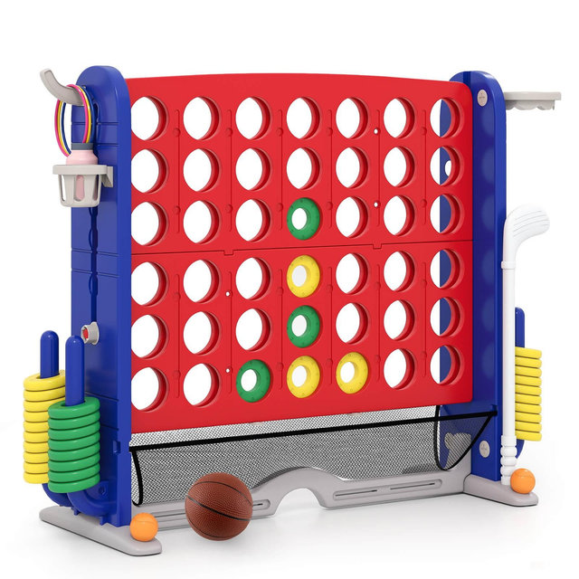 Costway Giant 4-in-a-Row Game Set with Ring-toss, Basketball Hoop, Golf Club & Cup Holders Red + Navy