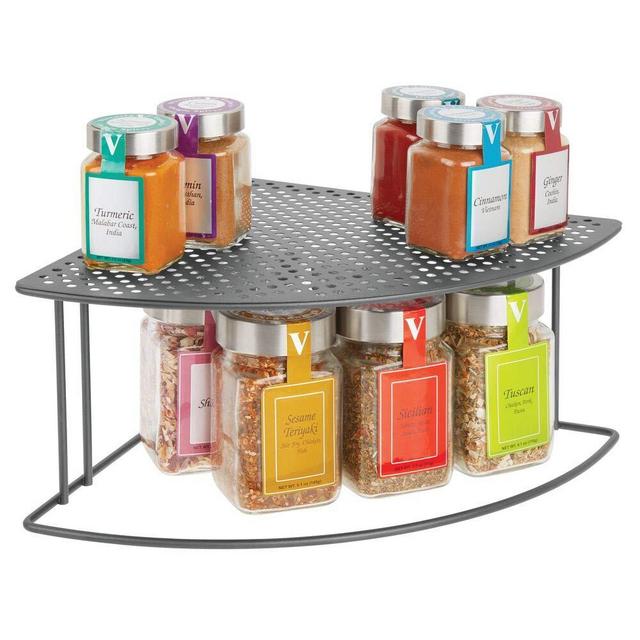 mDesign Rustic Metal Corner Shelf - 2 Tier Storage Organizer for Kitchen Cabinet, Pantry, Shelf, Countertop - Holds Dishes, Baking Supplies, Canned Goods, Spices - Rounded Design - Graphite Gray