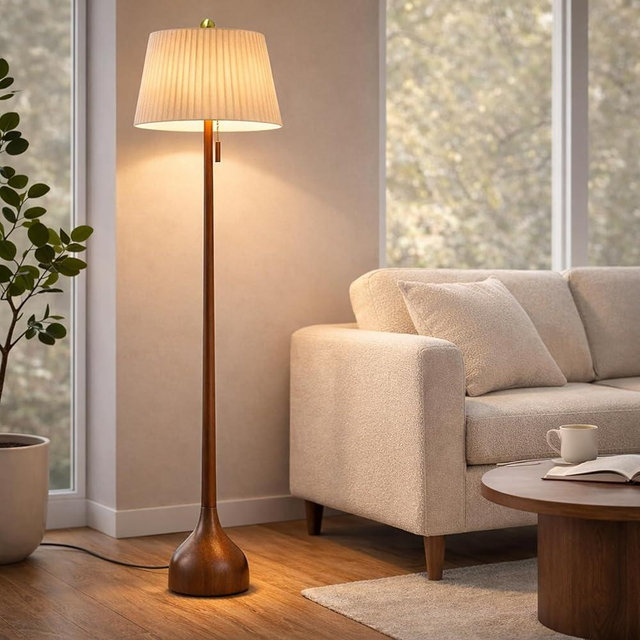 MOFFE 65" Mid Century Modern Vintage Real Wood Floor Lamp with 2 Shades for Two Looks, Sculptural Standing Lamp with Teardrop Base & Wooden Pull Chain for Living Room Bedroom Sofa Side (Bulb Included)