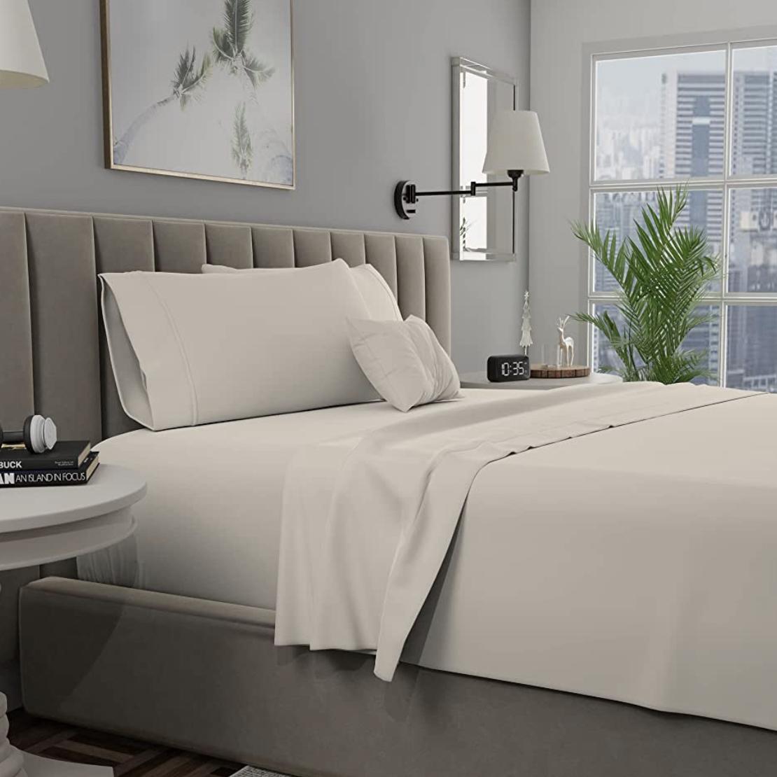 Purity Home 400 Thread Count 100% Cotton Sheets, Cooling Percale Queen Ivory Sheet Set, with Elasticized Deep Pocket Bed Sheets, Hotel Luxury 4 Piece Queen Size Bedding Set - Queen, Ivory