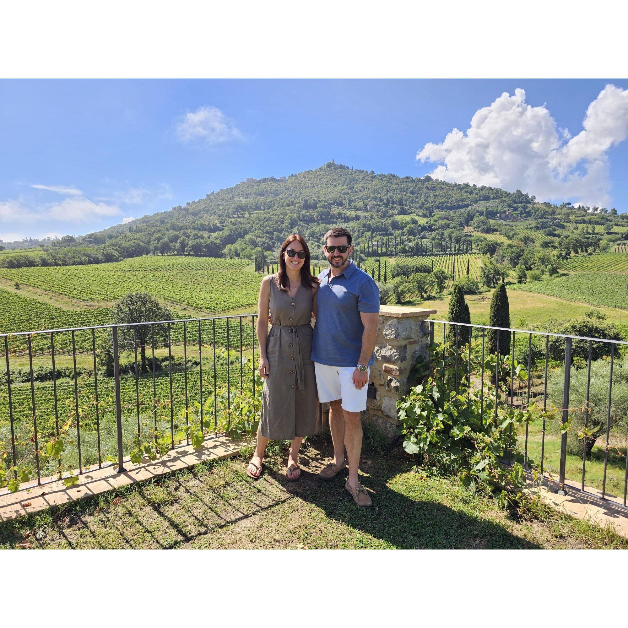 Enjoying wine tours in Tuscany... little did Melissa know Zach would propose that evening!