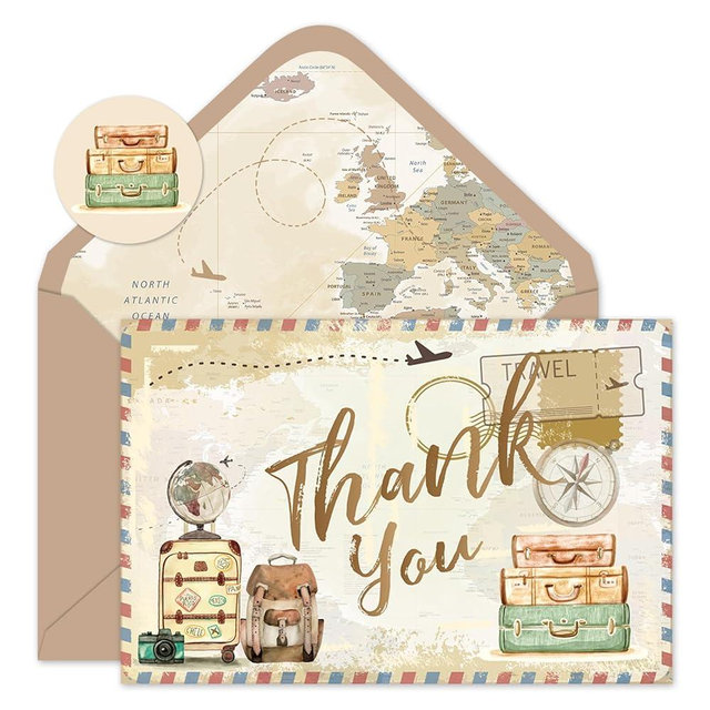 JarThenaAMCS 24 Pack Travel Thank You Cards Vintage Adventure Greeting Cards With Envelopes Stickers Airplane Map Suitcases Blank Note Card for Birthday Baby Shower Party