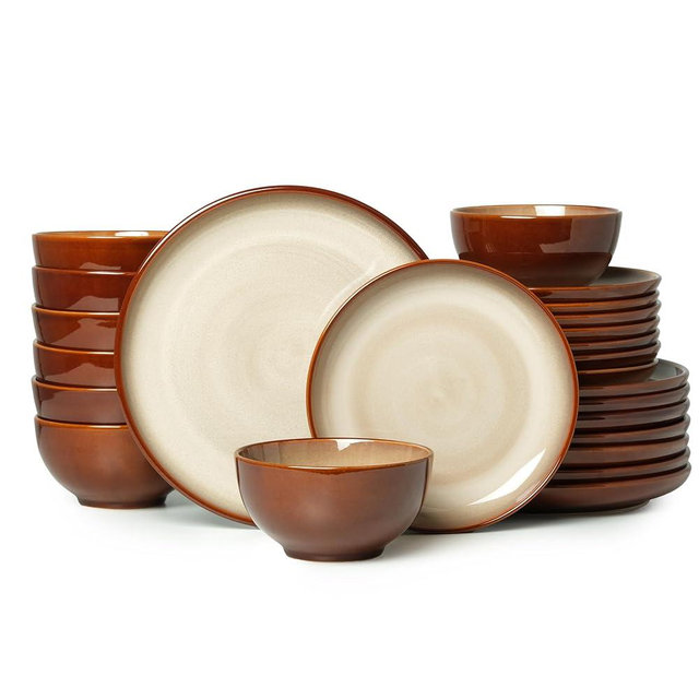 Pokini 24 Piece Dinnerware Sets for 8, Modern Stoneware Plates and Bowls Sets, Perfect for Family Gatherings & Holiday Celebrations, Easy Cleaning Dish Set, Stack Compactly Dinner Set, Brown Yellow