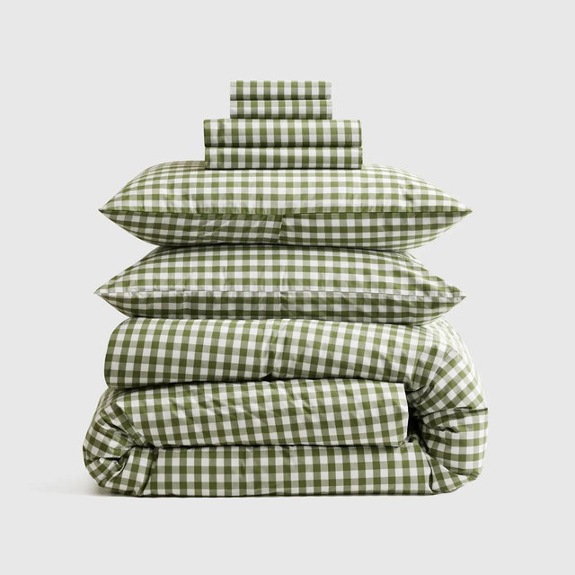 Organic Crisp Percale Gingham Deluxe Bedding Bundle - Olive, King