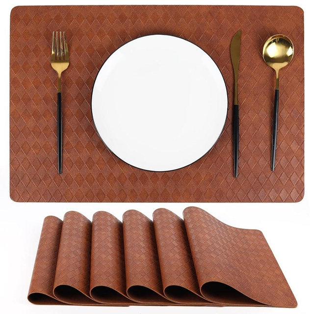 DEERYARD Brown Diamond-Embossed Faux Leather Placemats Set of 6 – Heat Resistant, Waterproof & Non-Slip