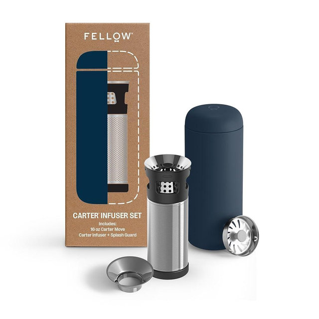 Fellow Carter Tea + Cold Brew Infuser & Carter Move 16 oz Tumbler Set - Steep Tea On-The-Go - Vacuum-Insulated Stainless Steel Travel Mug w/Snap-In Infuser For Steeping Tea, Cold Brew, Stone Blue