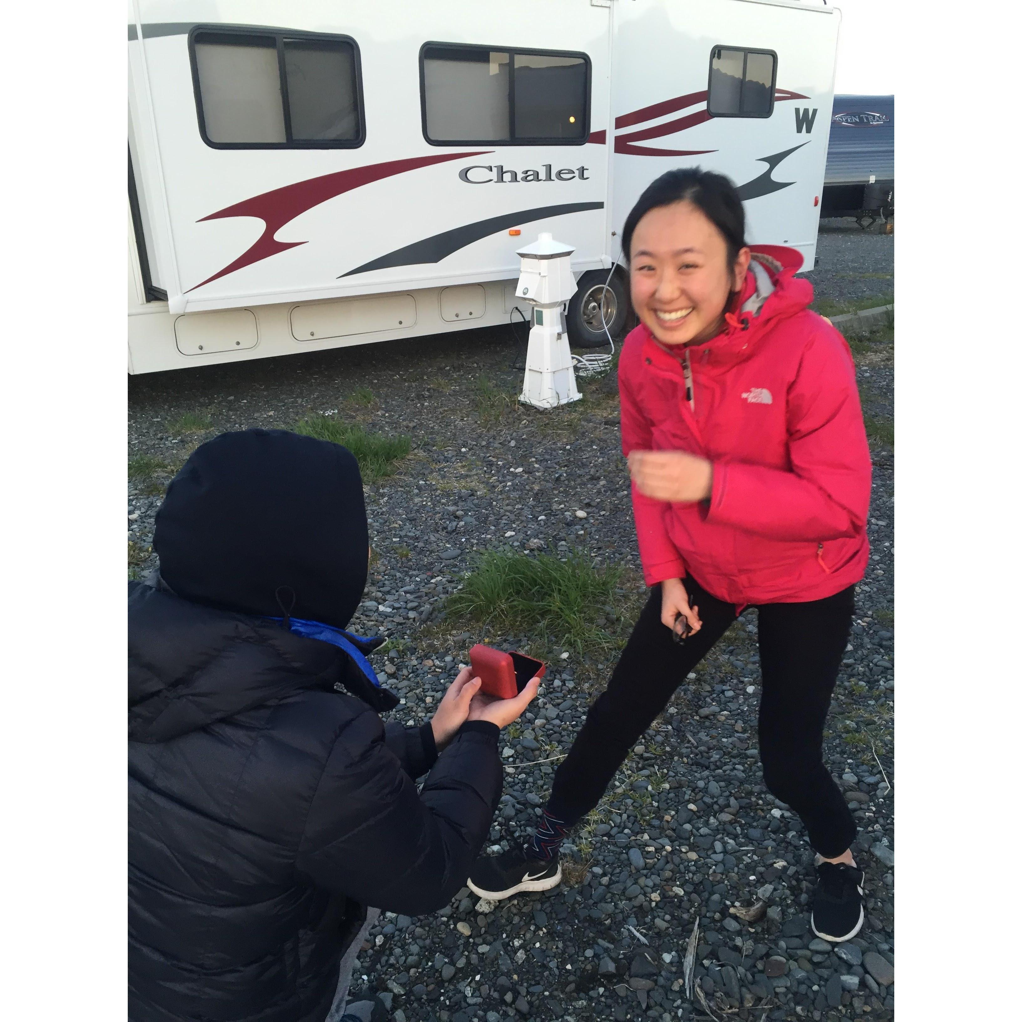 The moment Xiao surprised Yuting with the ring in our RV campground at Homer, Alaska, May 24, 2017.