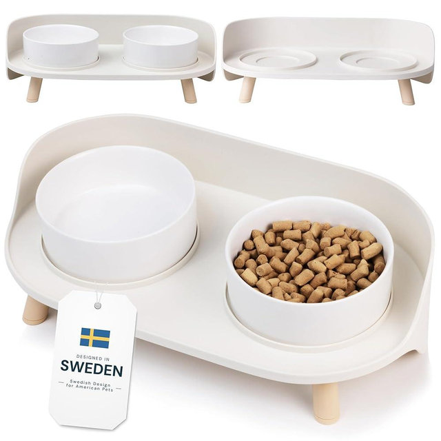 MalsiPree Elevated Ceramic Dog & Cat Bowls Set, Raised Stand for Small Dogs & All Sized Cats, Sand Beige with Splash Guard - Pet Bowls