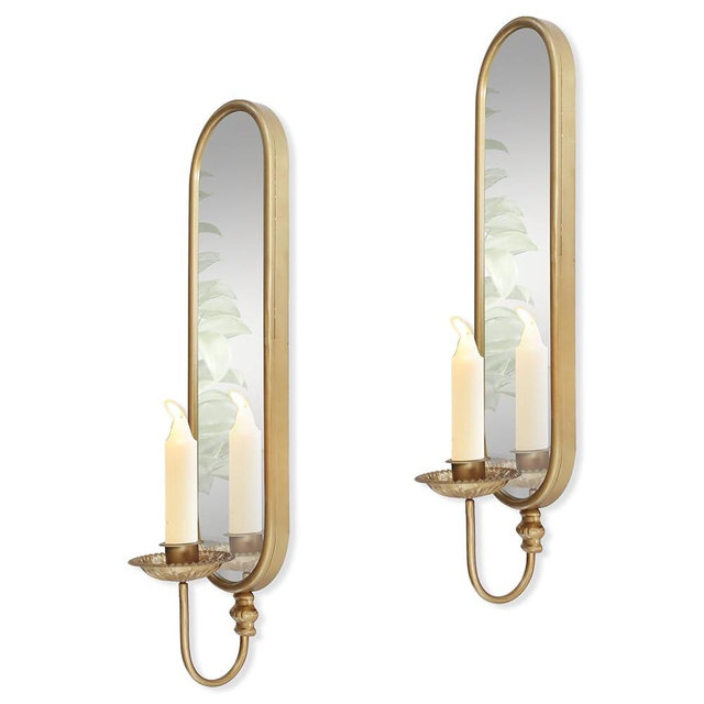 Set of 2 Vintage Gold Iron Candle Sconce and Mirror, Rustic Metal Wall Candle Holders for Pillar Candles Wall,Living Room, Bathroom, Dining Room(Size:3.94x15.94x3.9inches)