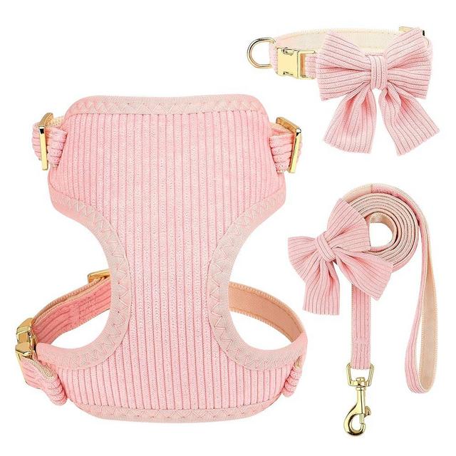 Didog Cute Small Dog Collar Harness & Leash Set, Adjustable Dog Collars and Leashes with Bowtie, Breathable Soft Mesh Padded Dog Vest for Puppies Small Dogs Walking,Pink, M