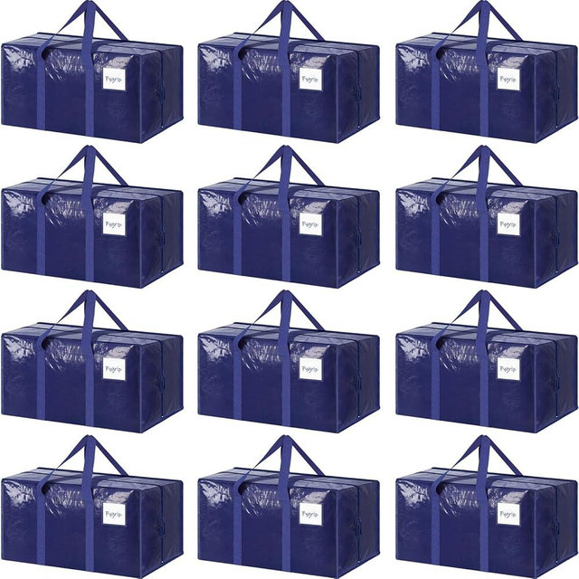 12 Pack Extra Heavy Duty Large Moving Bags with Strong Zipper & Comfortable Handles, Sturdy & Durable Clothes Storage Bags Totes Bins, Packing Moving Boxes for College Supplies, Dark Blue