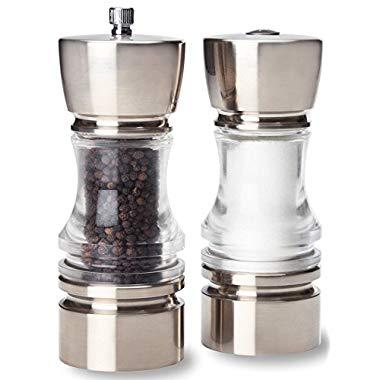 Olde Thompson Brushed Nickel Plated Crown-Pepper Mill & Salt Shaker Set, 7", Clear