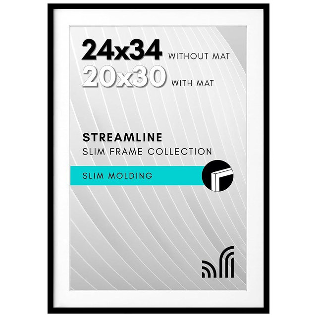 Americanflat 24x34 Poster Frame with Polished Plexiglass - Use as 20x30 Frame with Mat or Display 24x34 Photo Without Mat - Streamline Collection - Thin Border Picture Frames for Wall - Black