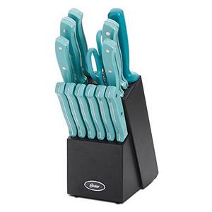 Oster Evansville 14 Piece Cutlery Set with Wood Block, Turquoise