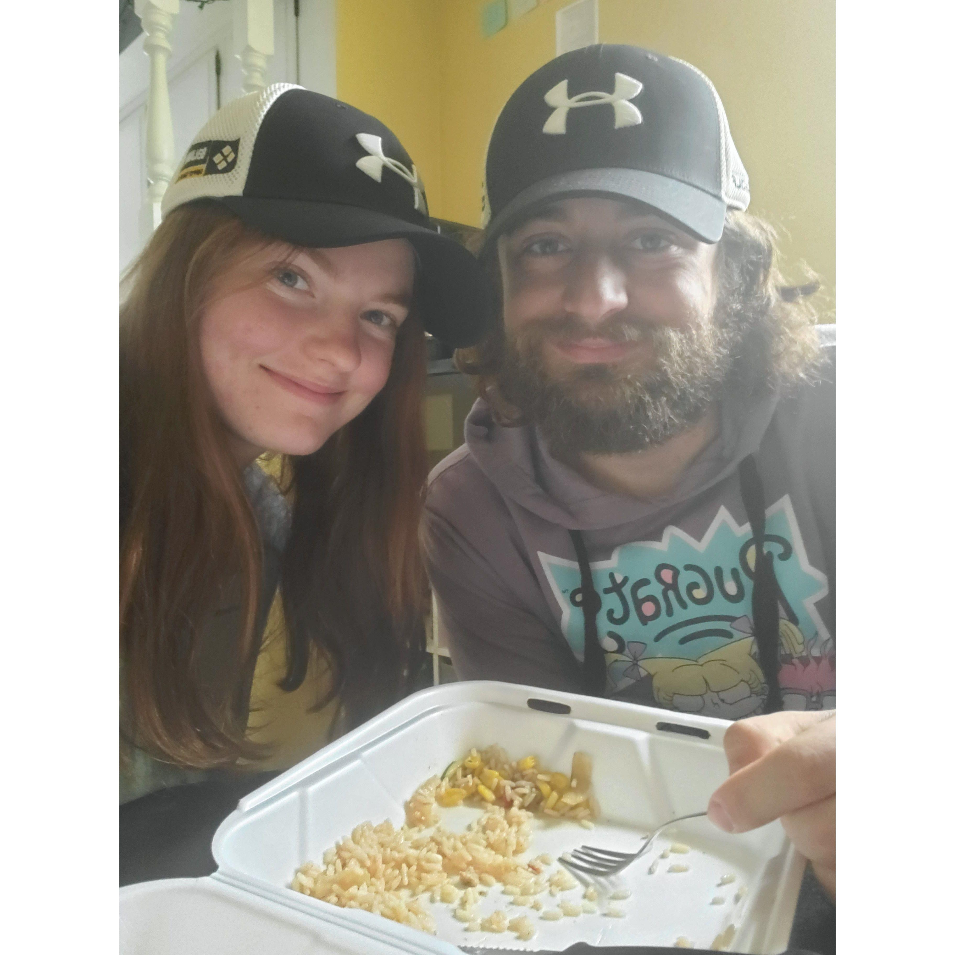 Wearing our matching ball caps