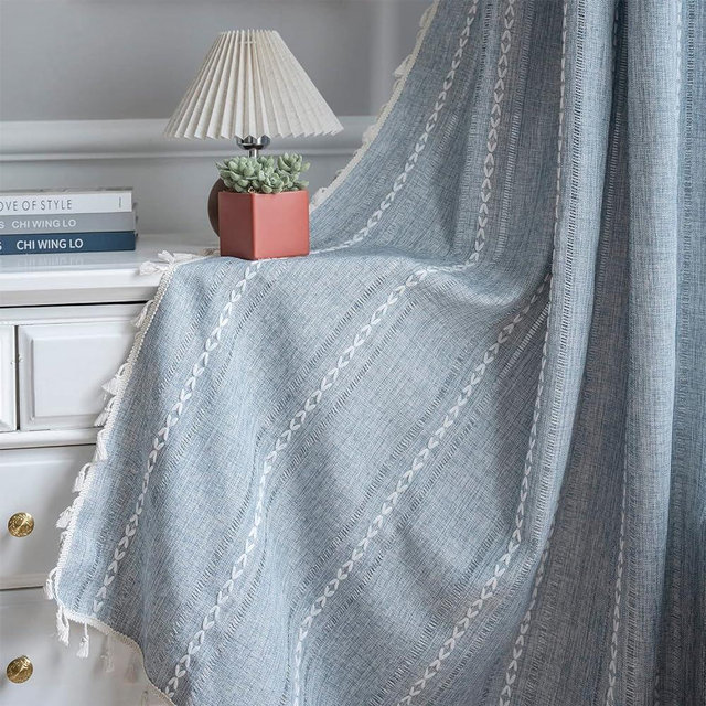 ColorBird Farmhouse Blue Linen Curtains for Living Room, 84 inch Length Boho Striped Room Darkening Drapes, 2 Panels Sets Embroidered Window Curtain for Dining Bedroom Nursery Doorways