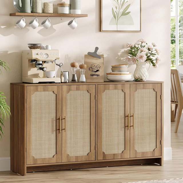 Rattan Sideboard Buffet Cabinet with Storage, Boho Kitchen Buffet Credenza Storage Cabinet with 4 Doors & Adjustable Shelves, TV Stand Console Coffee Bar Cabinets for Living Room/Dining/Kitchen, Oak