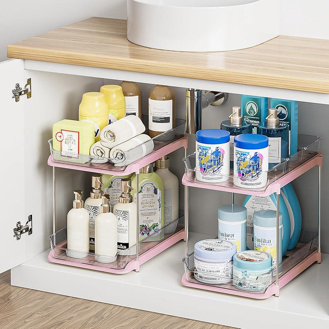 Delamu 2 Sets of 2-Tier Multi-Purpose Bathroom Under Sink Organizers and Storage, Stackable Kitchen Pantry Organization, Pull Out Medicine Cabinet Organizer with 8 Movable Dividers, Pink