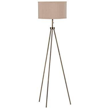 Rivet Mid-Century Modern Tripod Living Room Decor Floor Lamp With Light Bulb And Drum Shade, 58.25"H, Antique Brass