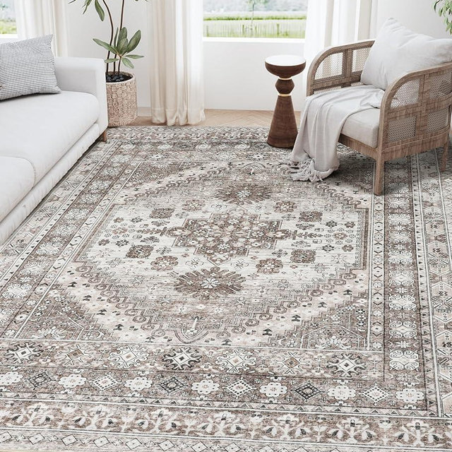 befbee Washable Rug 8x10 Area Rugs for Living Room - Stain Resistant Non-Slip Backing Rugs for Bedroom - Vintage Large Area Rug (Brown/Beige, 8'x10')