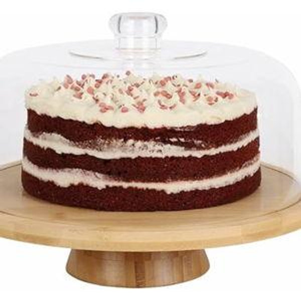 Large Bamboo Wood Cake Stand with Lid - Multiuse Wooden Cake Stand with Dome Acrylic Cake Cover/Cake Dome - Cake Holder With Lid - Acrylic Cake Stand Dome & Bamboo Base Punch Bowl - Cake Stands