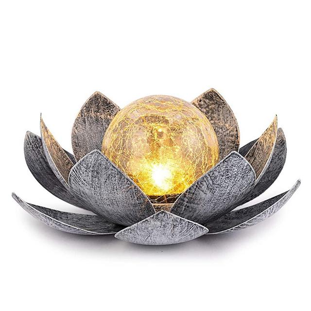 Huaxu Garden Solar Light Outdoor, Amber Crackle Globe Glass Lotus Decoration, Waterproof Gray Metal LED Flower Lights for Patio,Lawn,Walkway,Tabletop,Ground