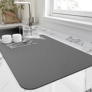 Dish Drying Mat for Kitchen Counter, Heat Resistant Drainer Mats with Non-slip Rubber Backed, Hide Stain Kitchen Super Absorbent Draining Mat, Easy to Clean Dish Rack Pad, Dark Grey 16"x18"