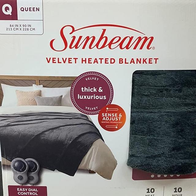 Sunbeam Queen Electric Heated Blanket Softest Luxurious Velvet with Two Controllers 10-Heat Settings Auto Sut-Off UL Listed for Safety, Charcoal Grey