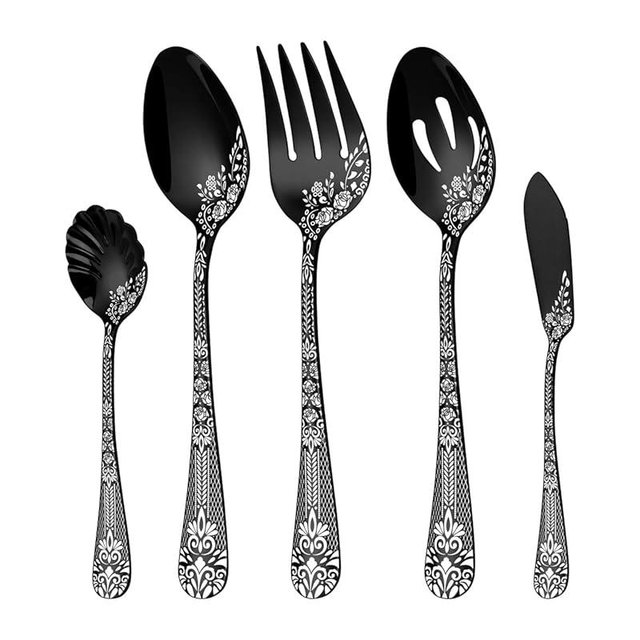 EUIRIO 5PCS Serving Utensils,Serving Set Includes Large Serving Spoon Slotted Serving Spoon Serving Fork Sugar Spoon&Butter Knife,Stainless Steel Flatware Serving set for Buffet Party,Dishwasher Safe