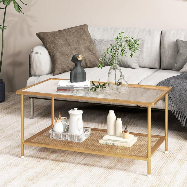 Tangkula Glass Coffee Table, 2-Tier Rectangular Tempered Glass Center Table w/Metal Mesh Storage Shelf, Modern Accent Table with Gold Metal Frame for Living Room & Small Spaces (Gold, 35.5”L)