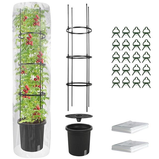 Worth Garden 2-Pack Integrated Planters with Trellis - 58”H. Cucumber Tomato Planters for Climbing Plants Vegetable Vine Flowers Outdoor Patio, Tomatoes Cage with Clear PVC Cover - G628A01