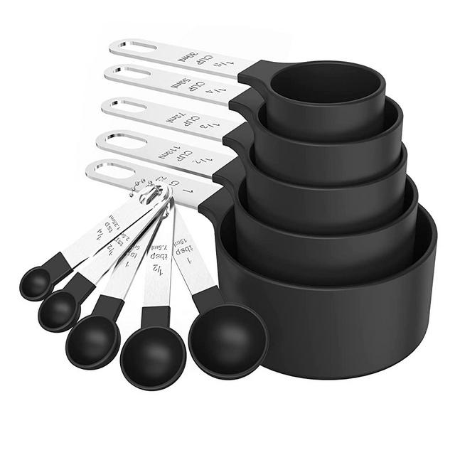 TILUCK Measuring Cups & Spoons Set, Stackable Cups and Spoons, Nesting Measure Cups with Stainless Steel Handle, Kitchen Gadgets for Cooking & Baking (5+5, black)