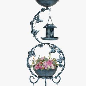 37.8 Inch Blue Bird Bath With Solar Bird Feeders And Planter - Blue