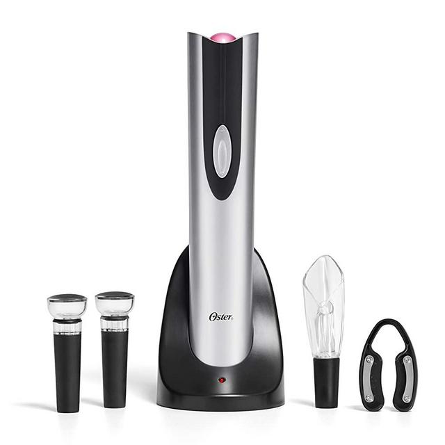 Oster 4-in-1 Wine Savoring Experience with Cordless Electric Wine Opener | Wine Kit with Rechargeable Wine Bottle Opener, Wine Pourer, Vacuum Wine Stoppers, and Foil Cutter