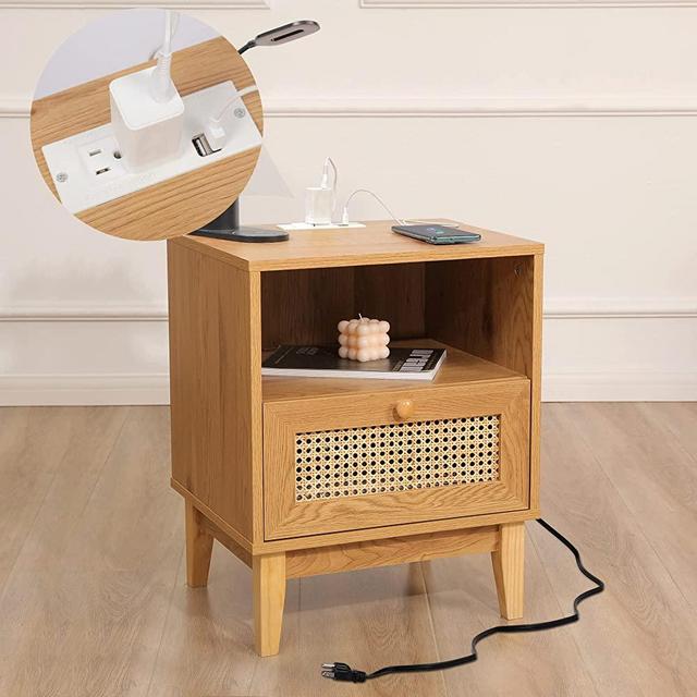 Betterhood Rattan Nightstand with Charging Station USB Ports & Power Outlets, Wooden Bedside Table End Table for Living Room and Bedroom,2 Pack
