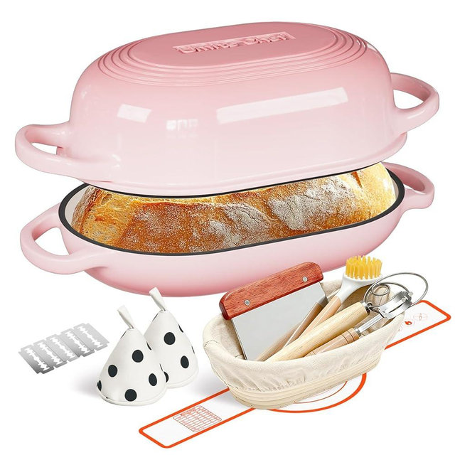 Enameled Cast Iron Sourdough Bread Oven, Dutch Oven for Bread Baking, - incl. Sourdough Bread-Baking Supplies like Banneton Bread-Proofing Basket - 5QT Loaf Cast Iron Bread Pan-Making Kit Pan, Pot, Sour Sough Tools, Lame (Pink)