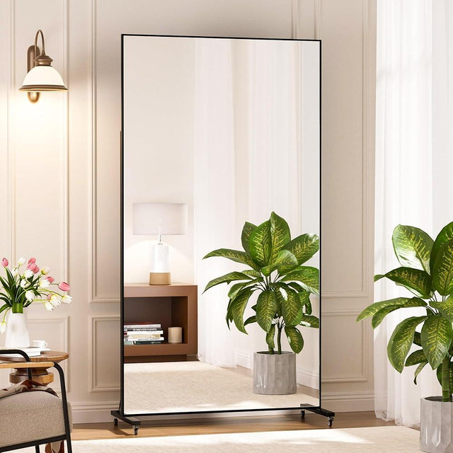 brisafe Large Rolling Mirror 71" x 40" Shatterproof Tempered Glass Easy to Move Full-Length Mirror for Gym/Dance Studio/Yoga Room/Home, Black