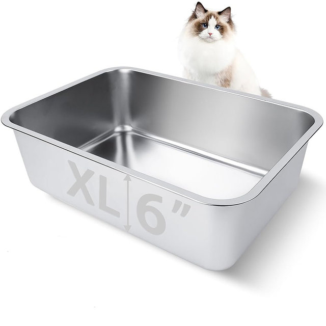 HNeekyr Stainless Steel Cat Litter Box for Adult Cats or Kitty/Kitten 19.5"x13.6"x6" Rust-Proof, High Side, Non Stick, No Smell, Easy to Clean Metal Cat Litter Box