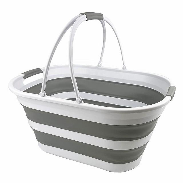 SAMMART 38L (10 Gallons) Collapsible Plastic Laundry Basket - Foldable Storage Container/Organizer - Portable Washing Tub - Space Saving Laundry Hamper (White/Grey)