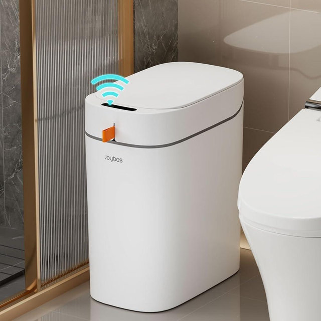 O-MART Bathroom Trash Can with Lid, 2.2 Gallon Automatic Touchless Motion Sensor Small Garbage Can, Smart Slim Trash Bin for Kitchen, Office, Bedroom, Living Room, Toilet, 2 Rolls of Bags