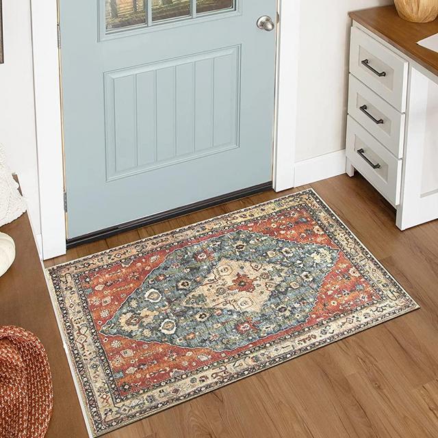 Lahome Boho Tribal Area Rug - 2x3 Persian Distressed Small Entryway Rug Doormat Bohemian Faux Wool Non-Slip Washable Low-Pile Floor Carpet for Indoor Front Entrance Kitchen Bathroom