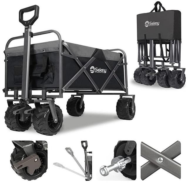 Sekey Collapsible Folding Wagon Cart with Brake, Outdoor Heavy Duty Utility Beach Wagon with All Terrain Wheels, Black with Grey