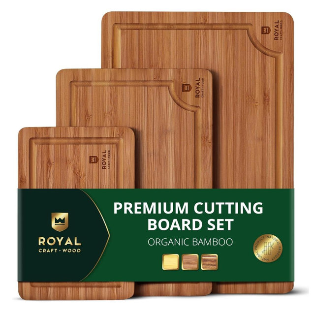 ROYAL CRAFT WOOD Wooden Cutting Boards for Kitchen Meal Prep & Serving - Bamboo Wood Serving Board Set with Deep Juice Groove Side Handles - Charcuterie & Chopping Butcher Block for Meat (3 Pcs)