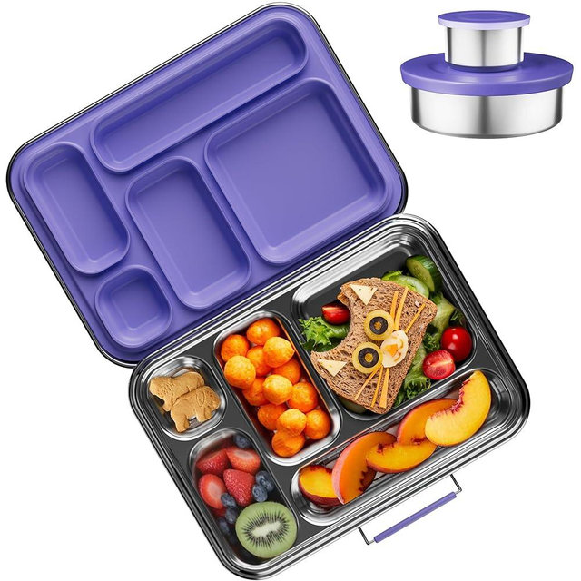 AOHEA Stainless Steel Bento Box Kids, Kids Metal Bento Lunch Box BPA Free Lunch Box Containers 304 Stainless Steel Bento Box for School and Office(Purple)