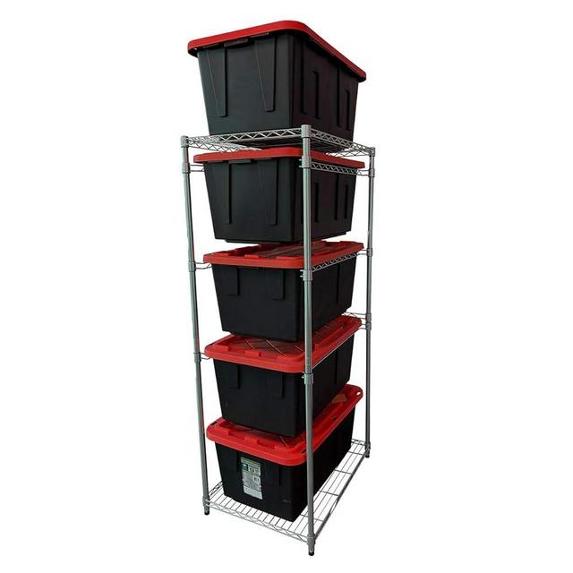 MonsterRAX WS-BR27-Z5 Bin Rack with 5-Pack 27 Gallon Storage Totes, Stackable & Lockable, Red Lid/Black Bin