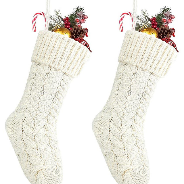 Fesciory 18 Inches Christmas Stockings Bulk, 2 Pack Large Size Cable Knitted Fireplace Hanging Stockings for Family Holiday Xmas Party Decorations, Ivory White