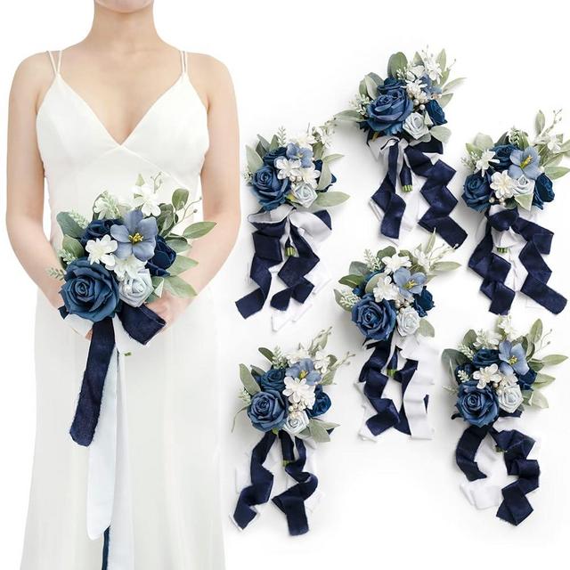 Ling's Moment Navy Blue Bridesmaid Bouquet Set of 6, White Wedding Bouquets for Bridesmaids, 7 Inch Blue Bridal Bouquets for Bridesmaids, Wedding, Ceremony, Anniversary, Homecoming, etc.