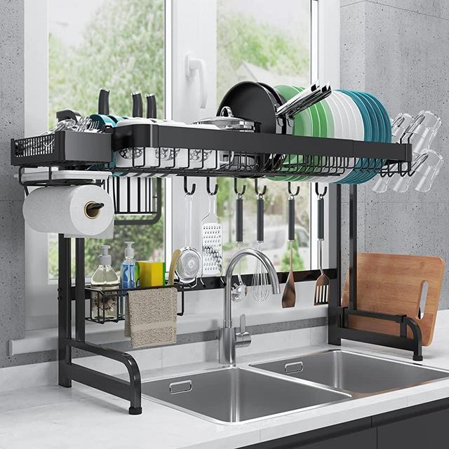 LIVOD Over The Sink Dish Drying Rack, 2 Tier Stainless Steel Over Sink Dish Drying Rack Width Adjustable(25.6-37.6in), Dish Rack Over The Sink Space Saver Kitchen Sink Drying Rack, Black