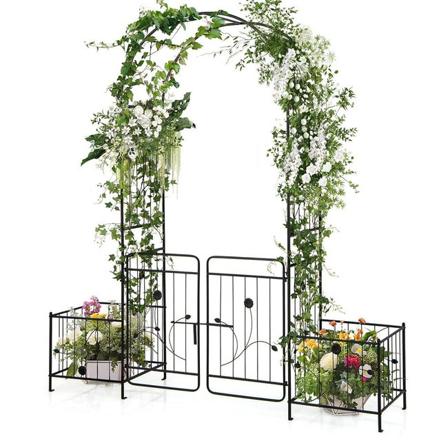 S AFSTAR 87-Inche Garden Arbor with Gate & Side Planter Box, Metal Garden Arch with Lockable Gate, Arched Top Arbour, Heavy-Duty Arched Trellis Archway for Climbing Plants Grape Vines Wedding Ceremony